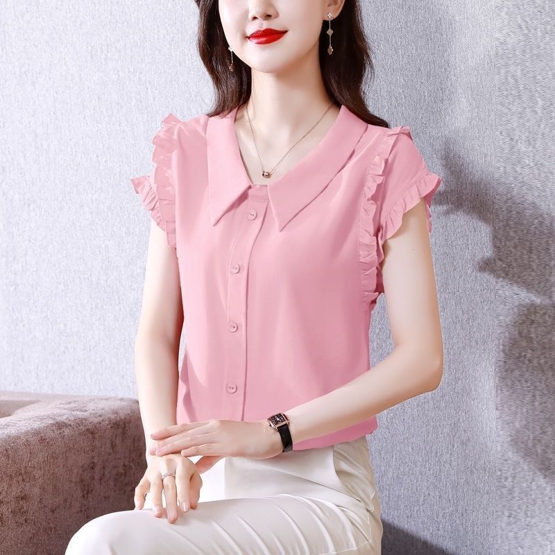 Picture of Age-Reducing Belly-Covering Slimming Doll Collar Chiffon Shirt Women's Short-Sleeved Summer Stylike Top Solid Color Ruffled Shirt