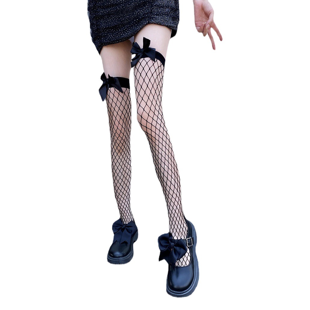 Fishnet stockings bow anti-hook wire mesh red JK black stockings base stockings thin carved long tube knee stockings s110