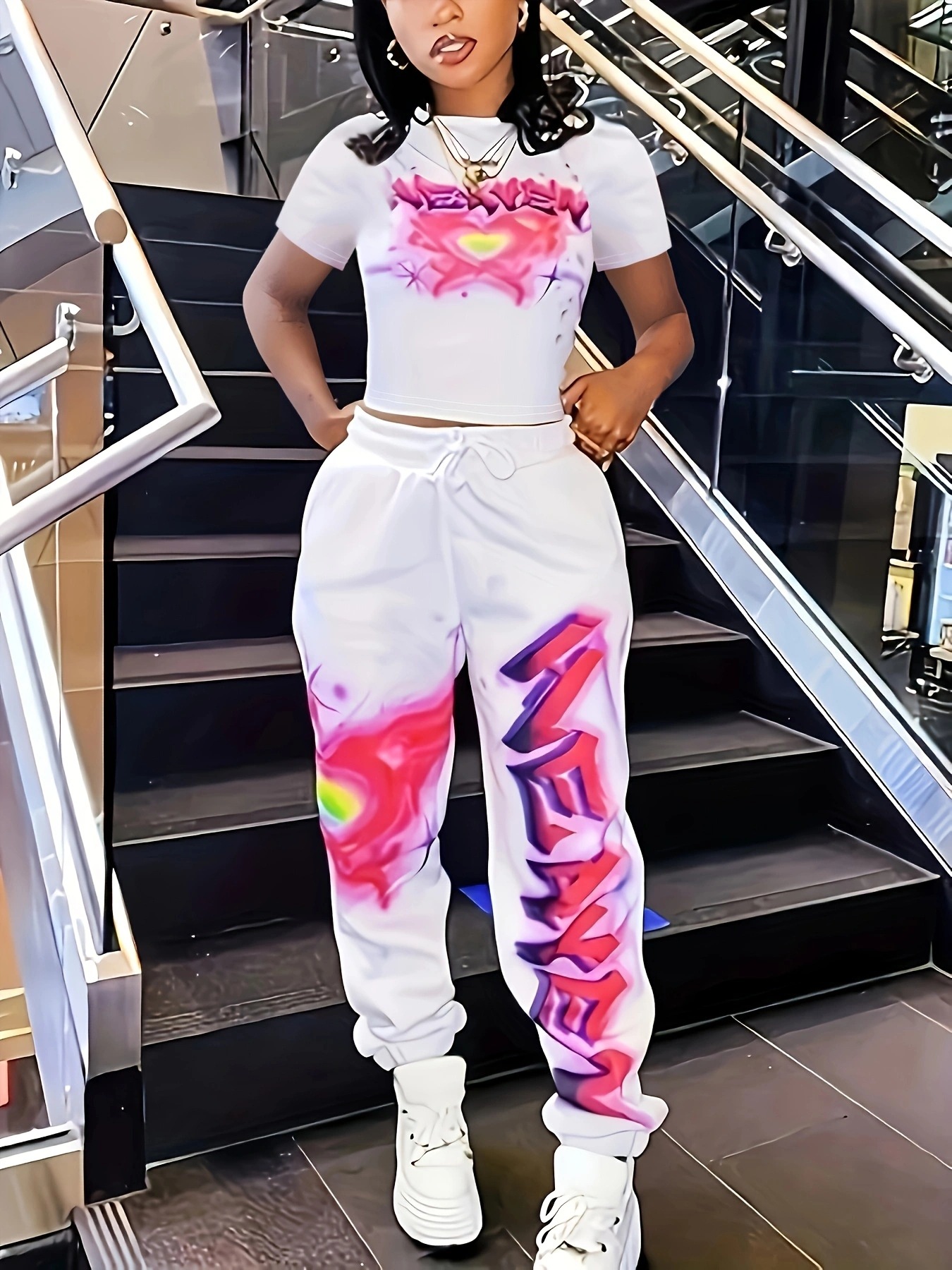 European and American Cross-Border Supply 2025 Spring & Fall Short-Sleeved Pants Printed Fashion Leg-Tie Suit