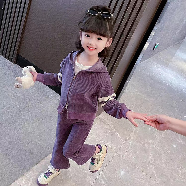Girls Sports Suit Corduroy Little Girl Internet Celebrity Autumn and Winter Baby Girl Casual Street Plus Fleece Jacket Two-Piece Set