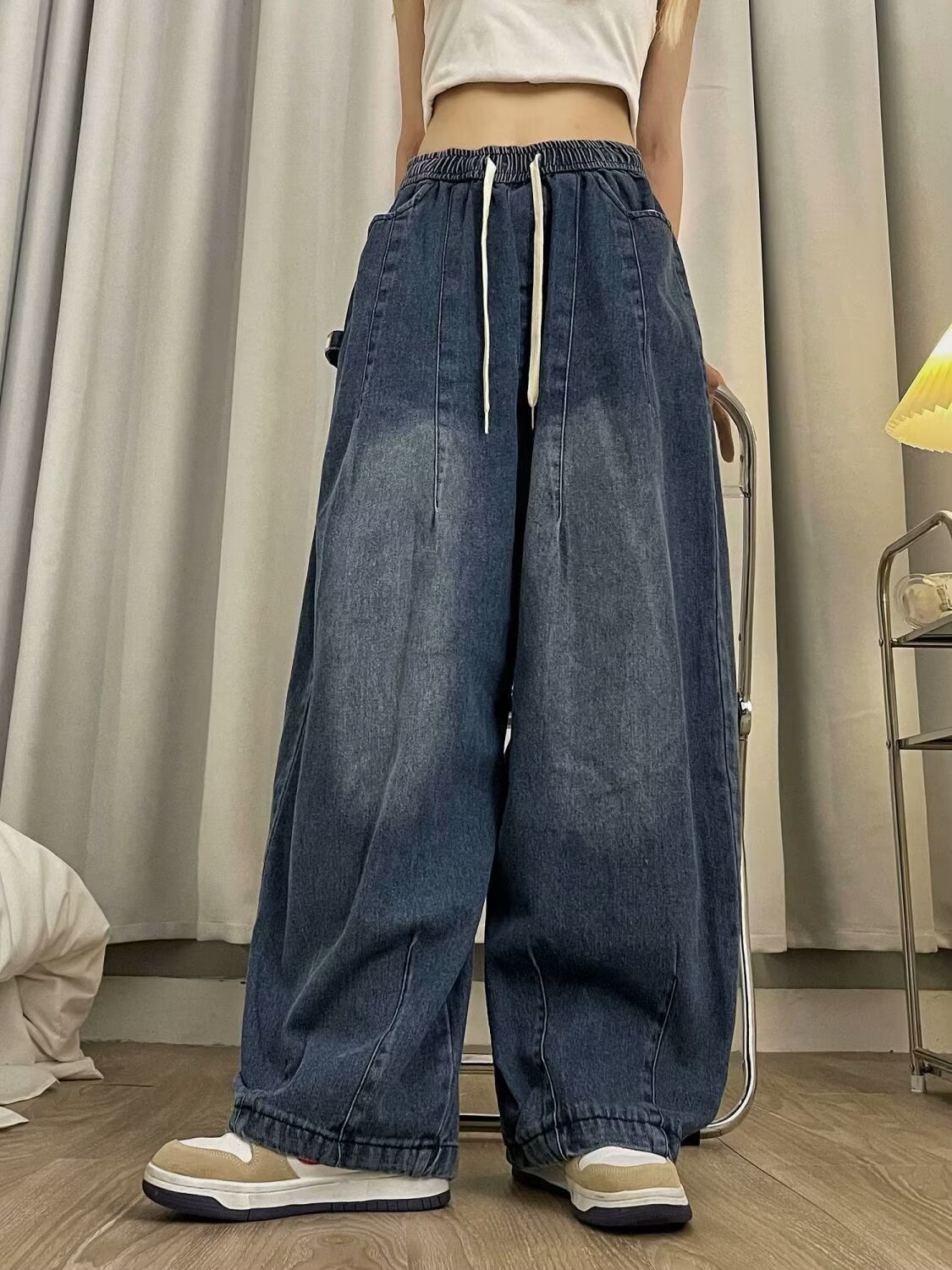 Washed Drawstring Jeans Women's 2024 Summer New Retro High Waist Loose All-match Wide-leg Bloomers Instagram Style Trendy
