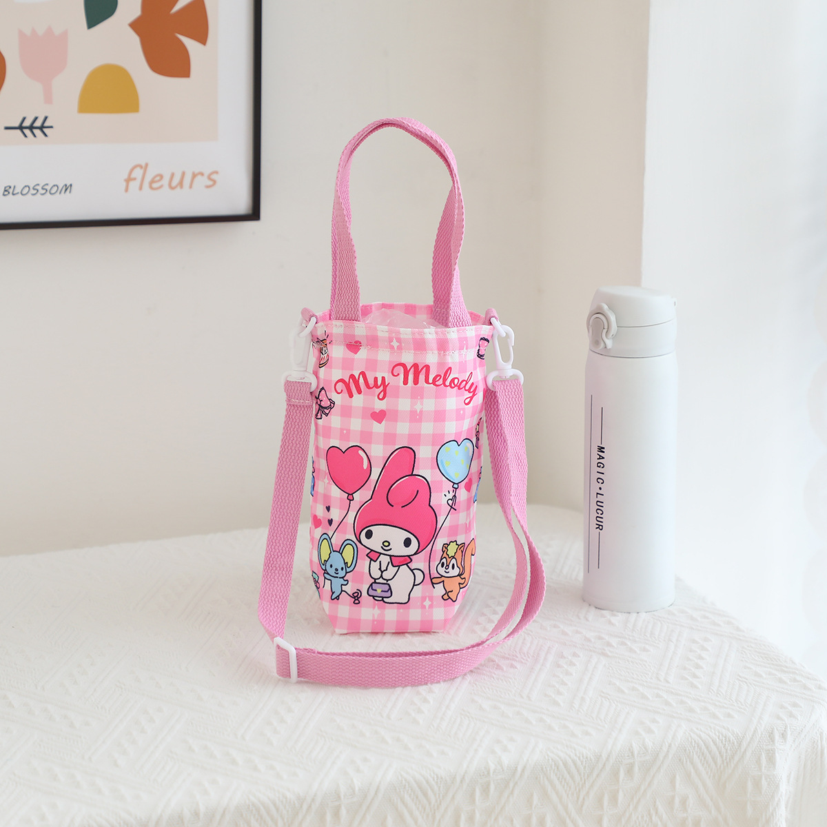 Picture of Japanese Style Cartoon Cute Canvas Water Cup Bag Crossbody Portable Dual-purpose Water Kettle Bag Outgoing Small Cloth Bag Handbag