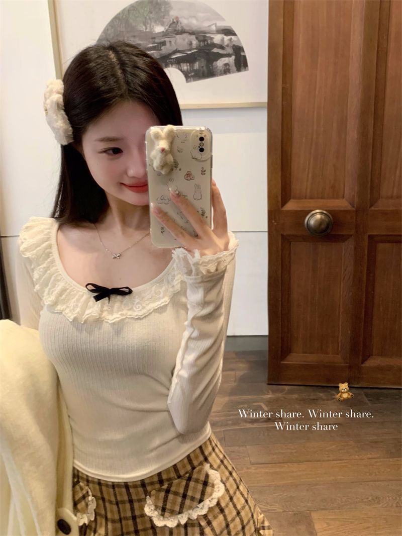 De Velvet Lace T-shirt Women's Early Autumn Gentle Style Pure Desire Inner Base Shirt Short Chic Spice Girl Top