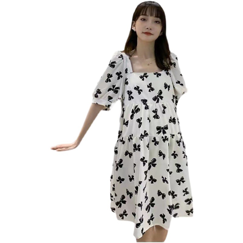 Pregnant women's clothing square collar pregnant women dress summer bow print hot mom summer clothing loose slimming Western style skirt summer
