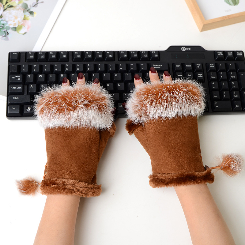 Picture of Factory sales suede rabbit fur half finger gloves women winter gloves warm gloves computer gloves wholesale