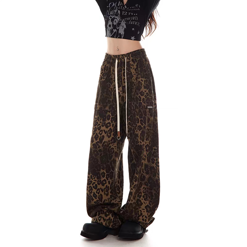 2024 New Leopard Color Parachute Pants Unisex Harlan Fashion Tooling Pleated Multi-Pocket Wide Leg Pants