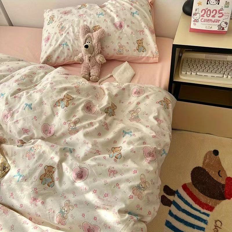 Picture of Washed Cotton Bed Sheet Four-Piece Set, Fresh Style Duvet Cover, Simple Ins Student Dormitory Three-Piece Duvet Cover Set