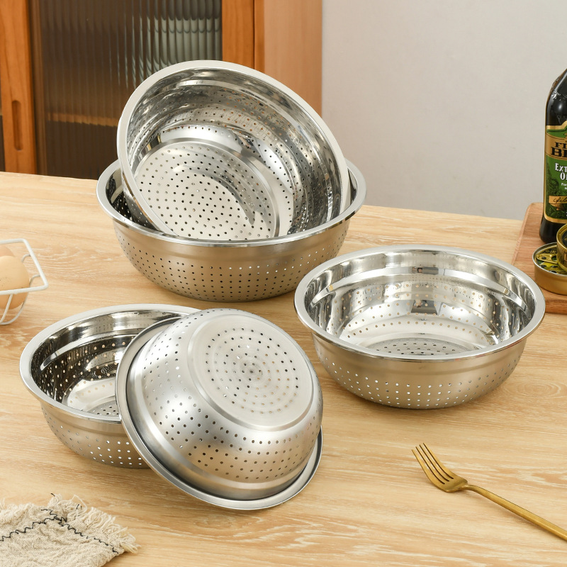 Picture of Non-magnetic thickened stainless steel dense hole multi-purpose rice washing sieve kitchen vegetable washing fruit basket non-leaking rice washing basin drain basket