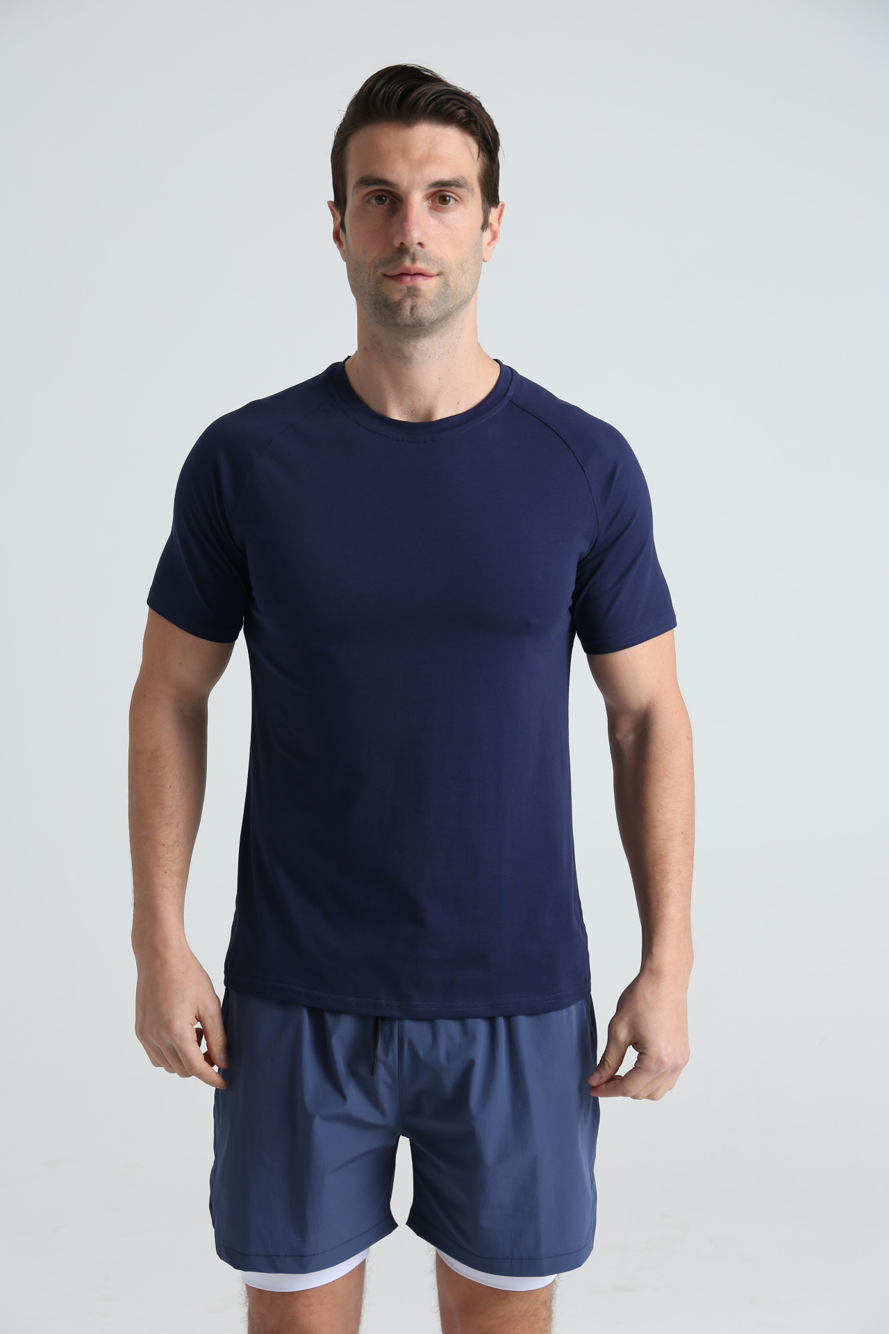 Picture of Summer European and American plus size sports fitness short sleeve men's cotton round neck solid color casual workout blank black T-shirt