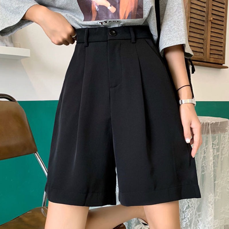 Black High-Waisted Straight Suit Five-Quarter Pants for Women Loose Slimming Look Mid-Pants 2024 Korean Style Summer Casual Wide-Leg Shorts Trend