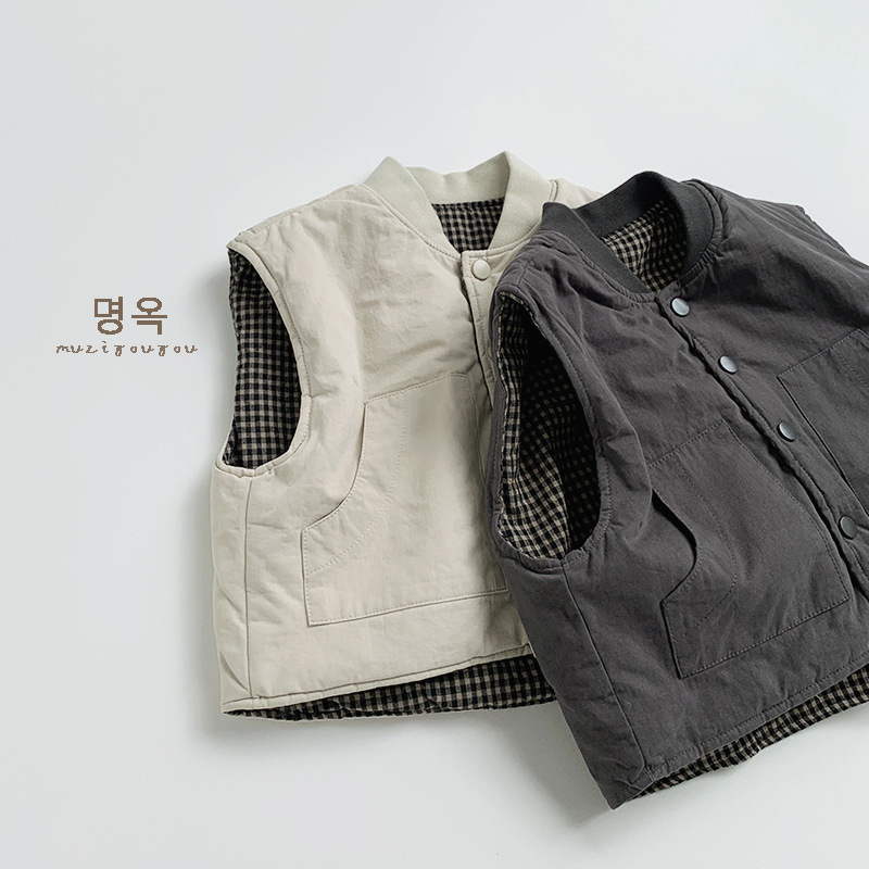 Double-sided Cotton Vest 2025 Winter New Boys and Girls Plaid Waistcoat for Middle and Small Children Korean Style Fashionable Warm Vest