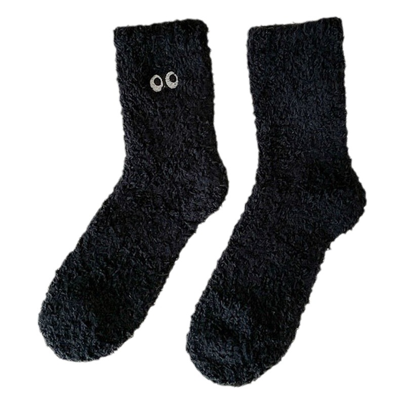 Coral velvet socks women's Japanese cartoon solid color embroidered eyes mid-calf length socks autumn and winter thickened warm home sleep socks