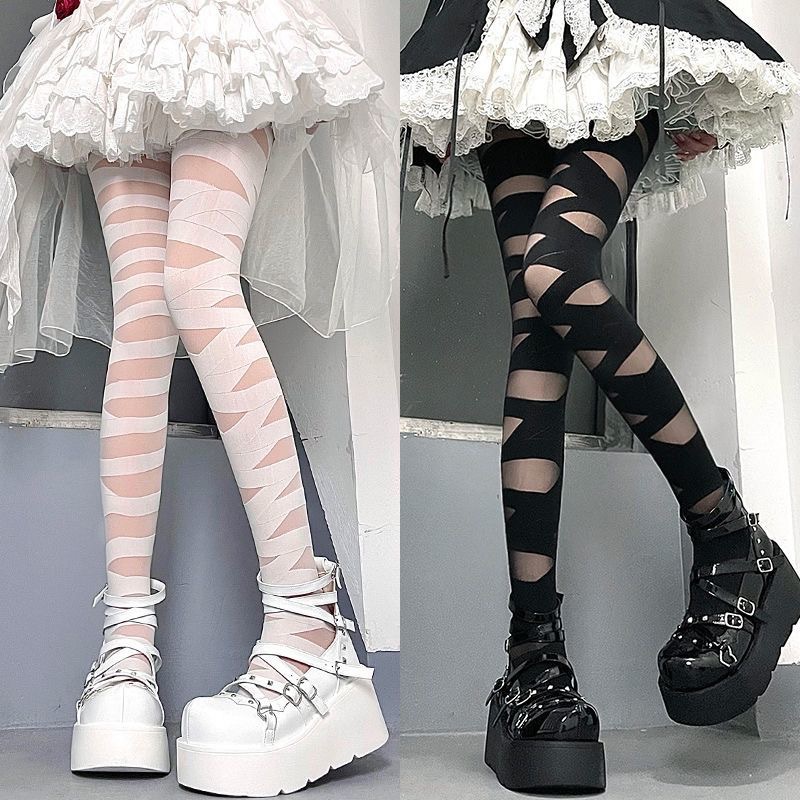 Lolita Cross Strap White Silk Stockings Women's Summer Thin Pure Black Silk Sexy Punk Hot Girl Striped Pantyhose