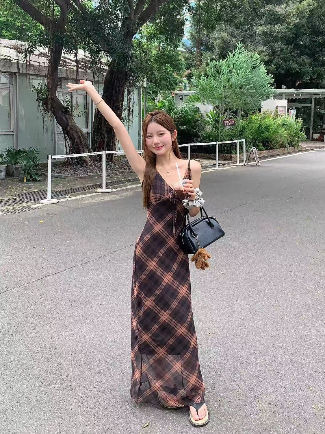 Vintage Plaid Mesh Sling dress Women's Summer Elegant V-neck Tight Waist Slimming Backless Sleeveless Long Skirt