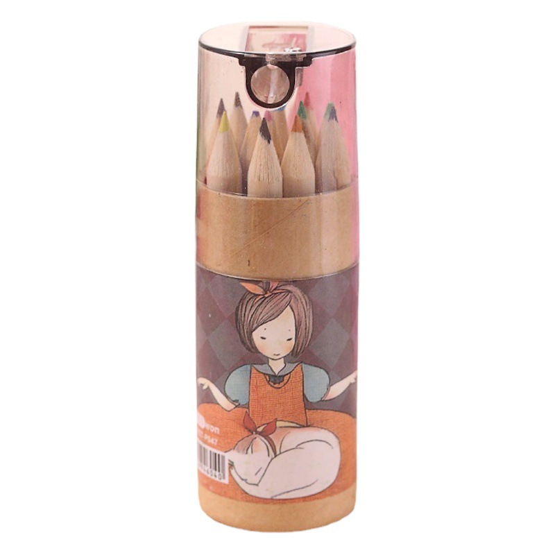 Children's Mini Color Pencil Wholesale Cartoon Barrel Primary School Art Painting Pencil 12 Color Pencil Stationery