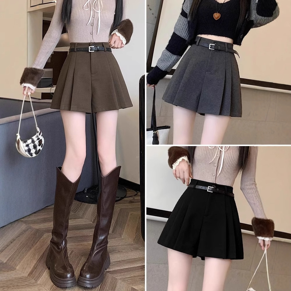 brown Pleated Woolen Shorts Women's Autumn and Winter Outer Wear 2024 New High Waist Slimming A- Shaped Wide Leg Casual Boots Pantsuit