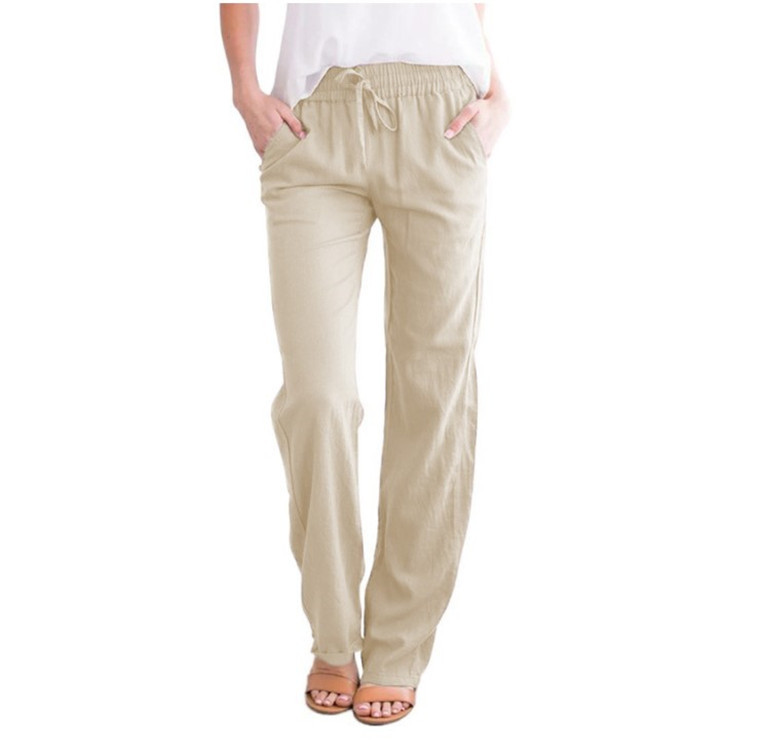 Picture of 2025 Cross-Border Ebay Amazon Wish Spring and Summer New Pure Color Cotton and Linen Loose Drawstring Casual Wide-Leg Pants for Women