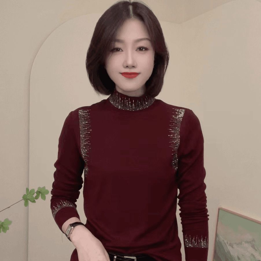 Picture of Trendy Autumn and Winter New Half-High Collar German Velvet Elegant Long-Sleeve T-Shirt Solid Color Versatile Design Fashion Base Layer