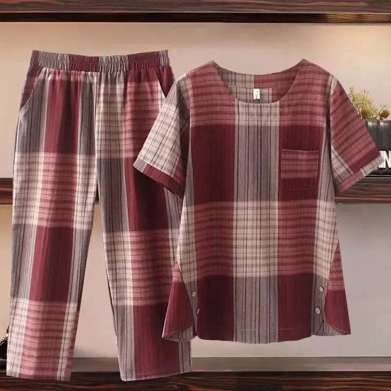 Picture of Large Size Plaid Suit Women's Summer New All-match Loose Lazy Style Casual Short-sleeved Top Wide-leg Pants Two-piece Set