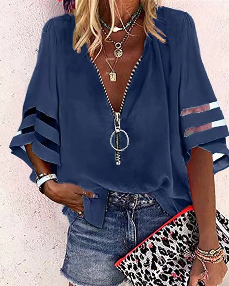 Picture of 2025 European and American Amazon New V-neck Zipper Shirt Half Horn Sleeve Mesh Stitching Loose Casual Shirt Women