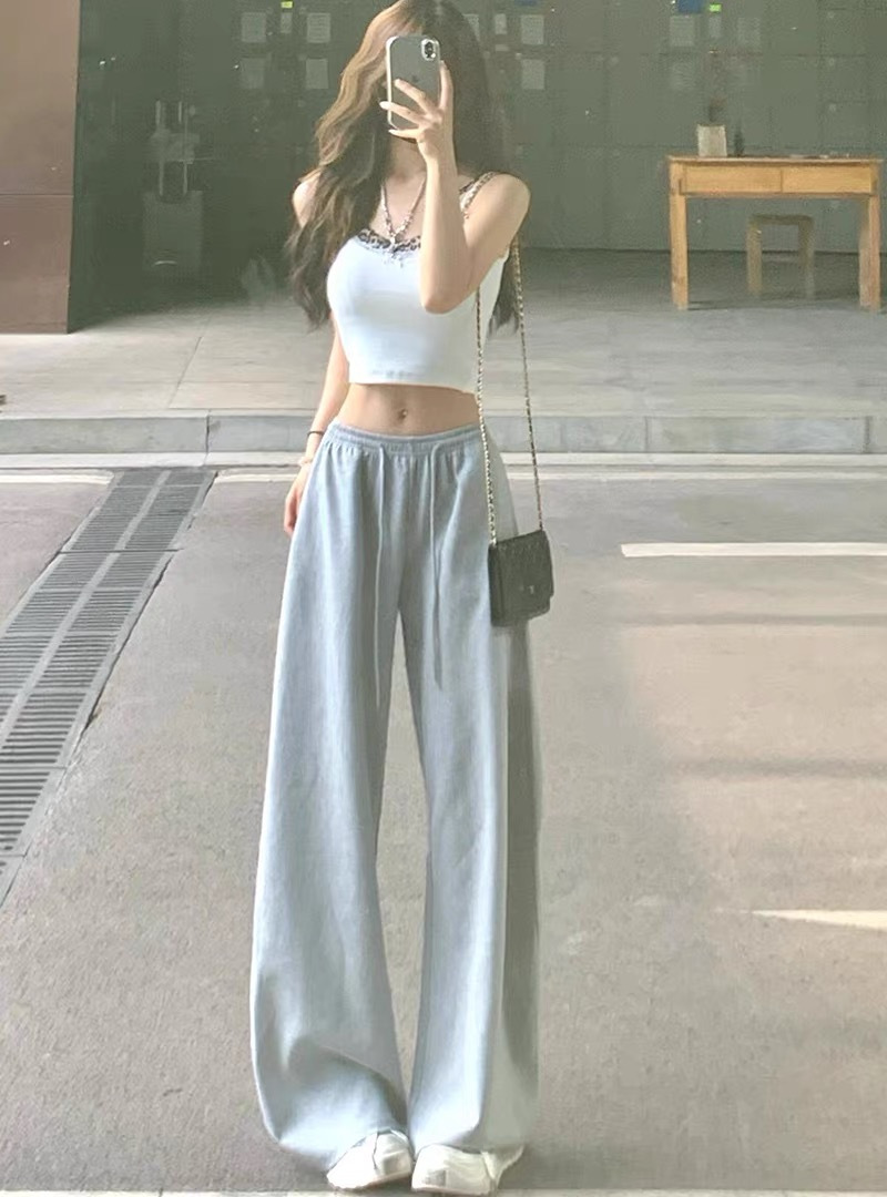 American Retro Grey Drawstring Elaptic High Waist Casual Pants Loose Wide Leg Harajuku Style Casual All-match Straight Pants