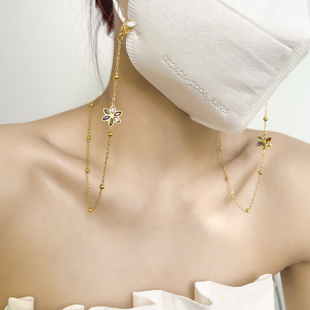 Picture of Titanium steel color diamond flower necklace new fashion mask chain three-in-one halter anti-drop gold diamond glasses chain