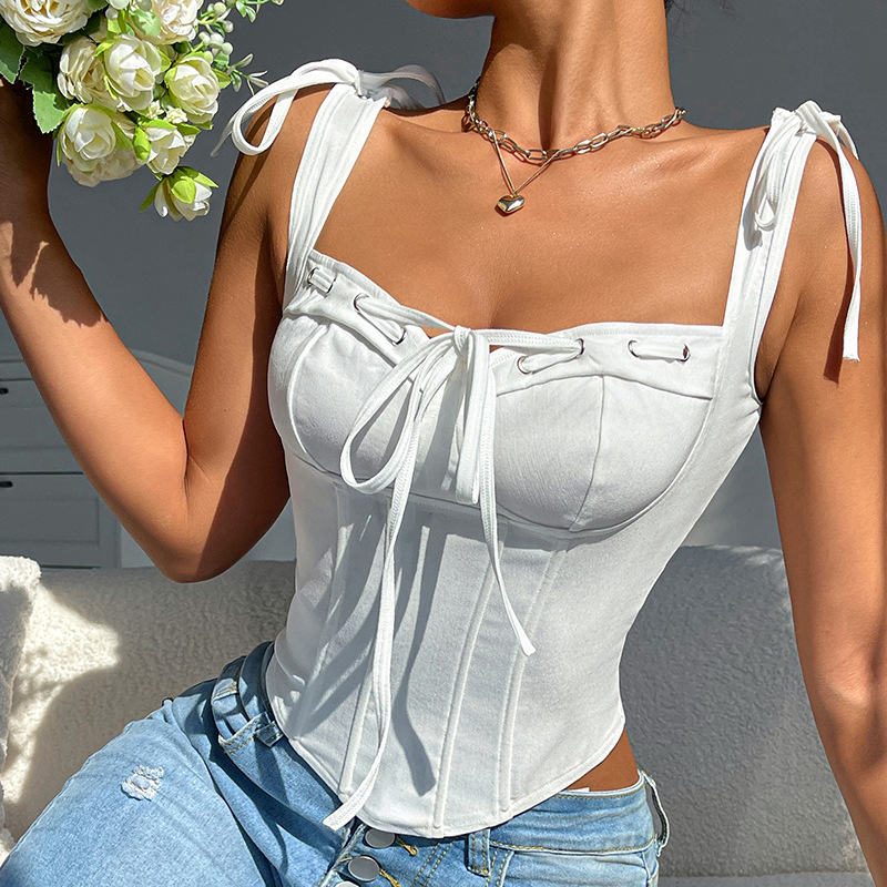 Cross-border New Sexy Spice Girl Slim-fit Fishbone Camisole Bow Strap Square Collar Beautiful Back Top Women's Vest
