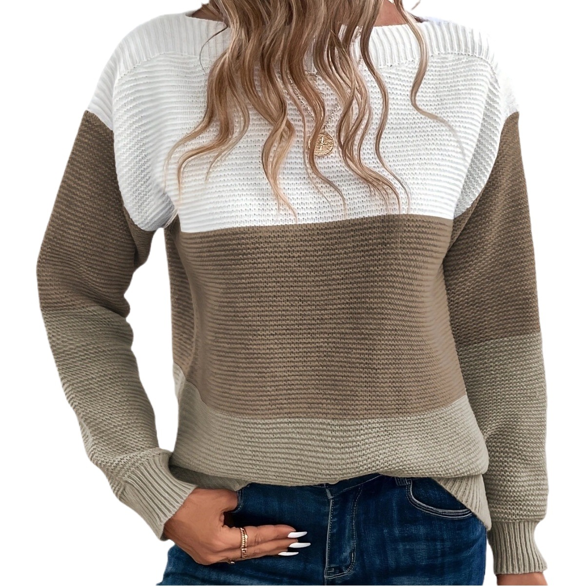 Sweater Women's Round Neck Stitching All-match High-end Internet Celebrity Popular Knitted Sweater Autumn and Winter Loose Thickened Top