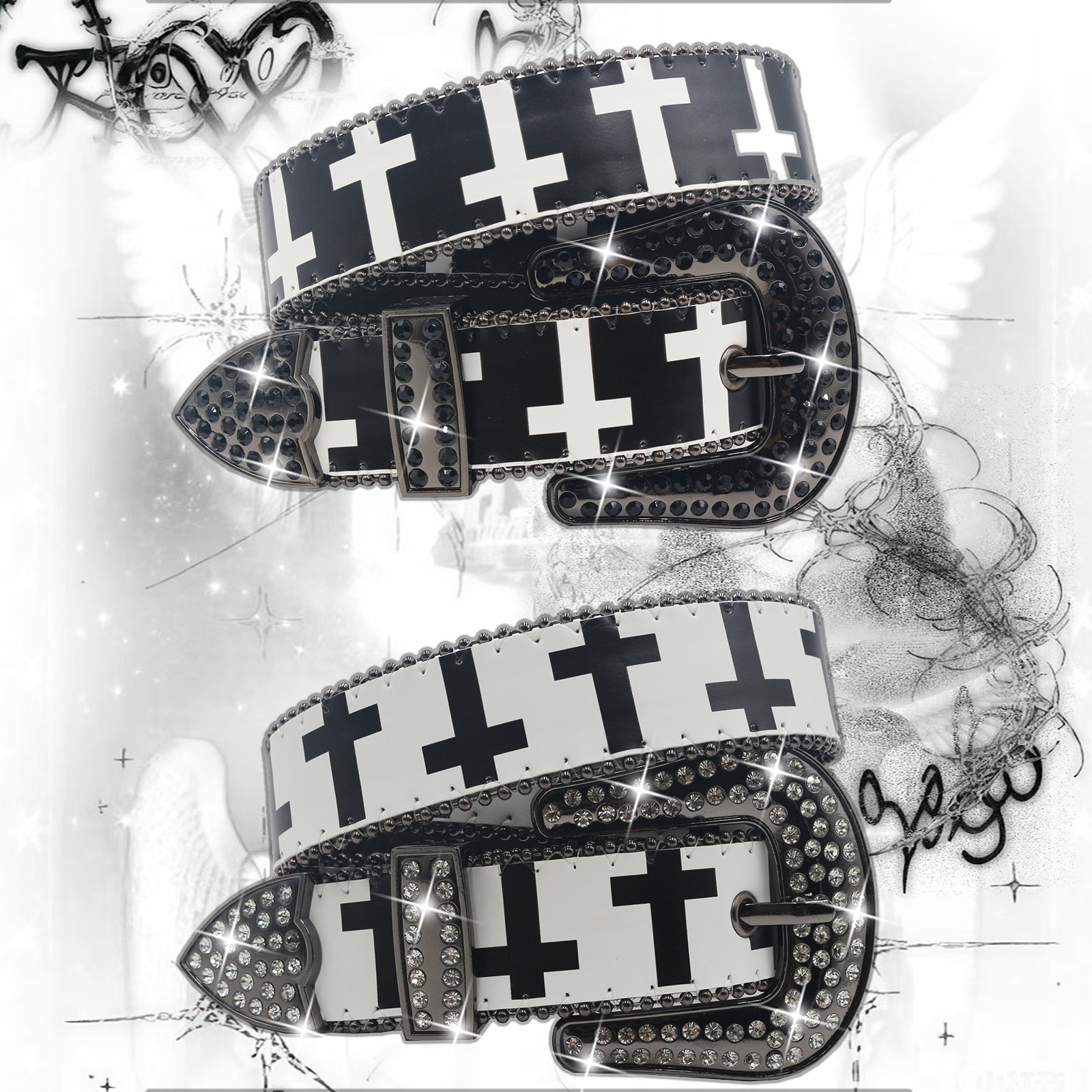 Original Design Black and White Cross Rhinestone Printed Belt Y2K Personalized Trendy PU Leather Belt