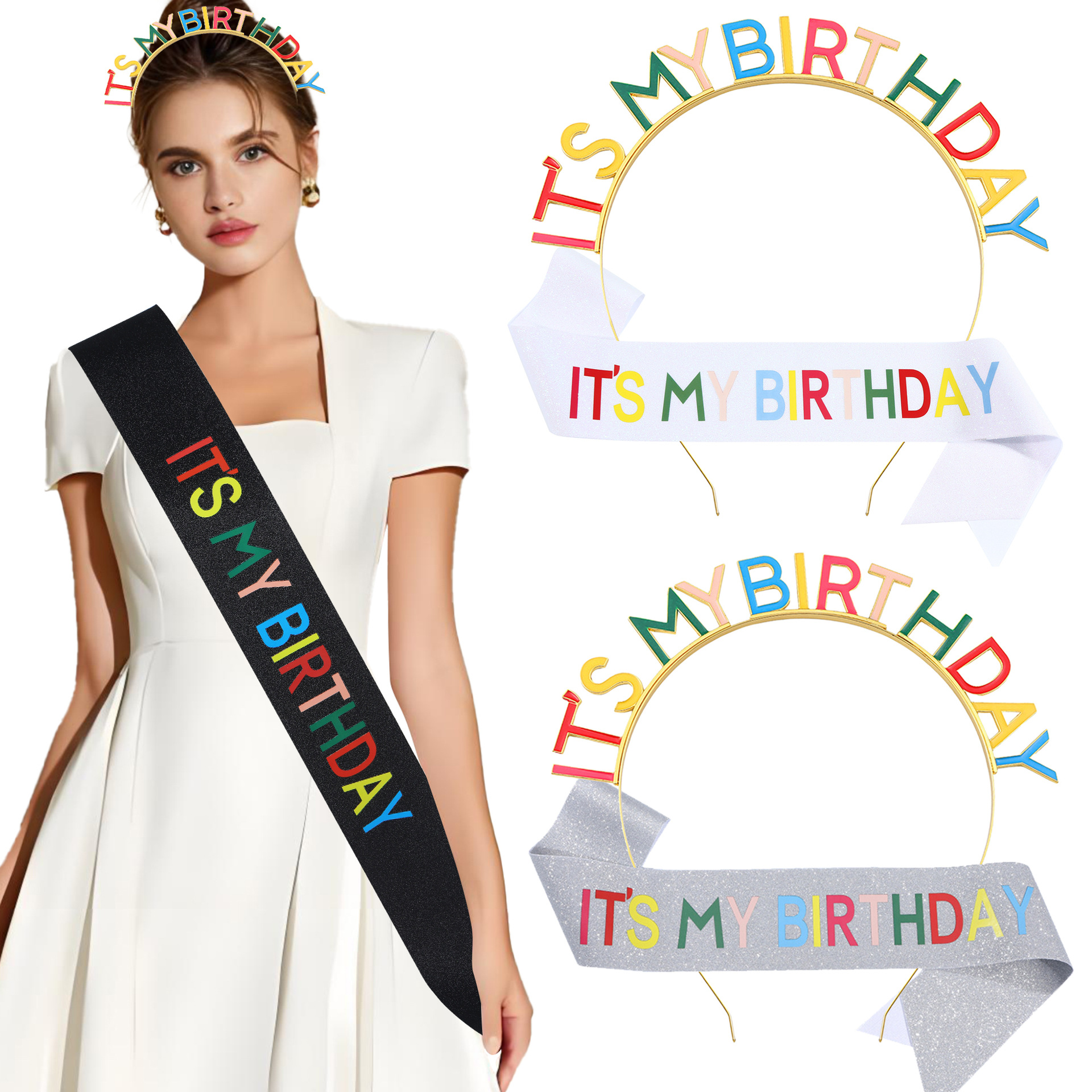 European and American girls birthday hairband etiquette belt suit IT'S MY BIRTHDAY crown glitter ribbon dress up