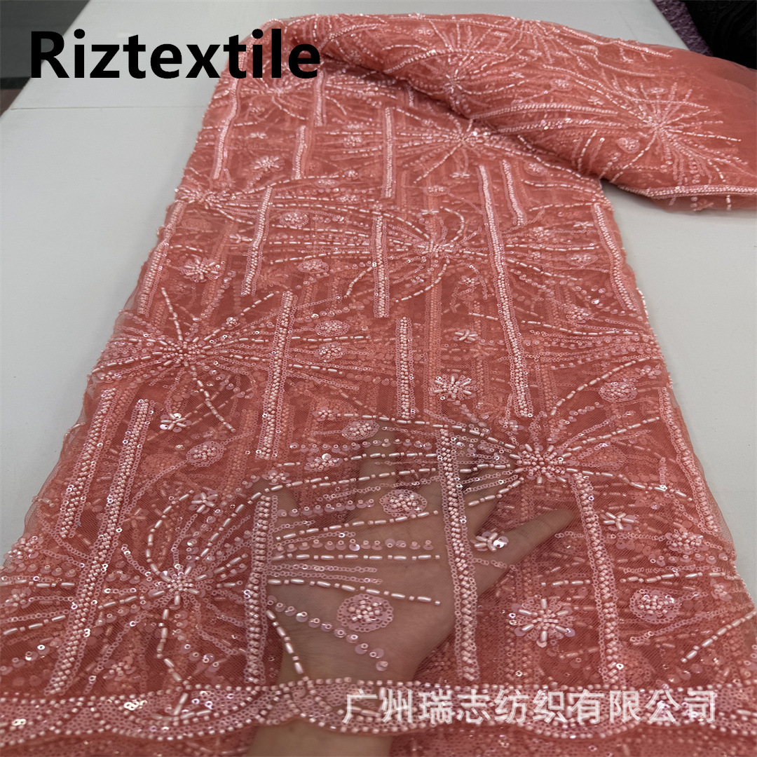 New Arrival Fireworks Striped Rice Beaded Mesh Lace Fabric French Sequin Beaded Tube Wedding Dress Embroidered Cloth Lace