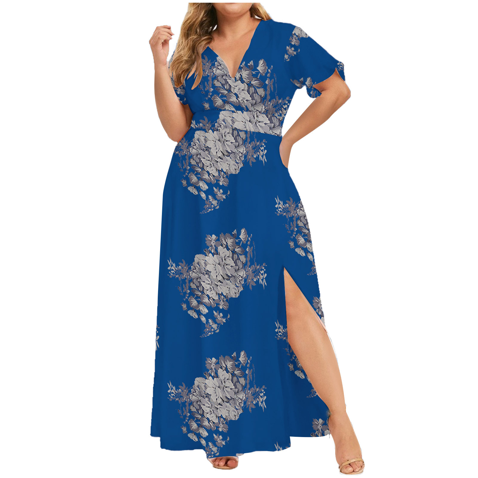 Picture of 2024 European and American Cross-Border Dress Summer New Plus Size Women's Printed Hem Slit Printed Short-Sleeved Dress
