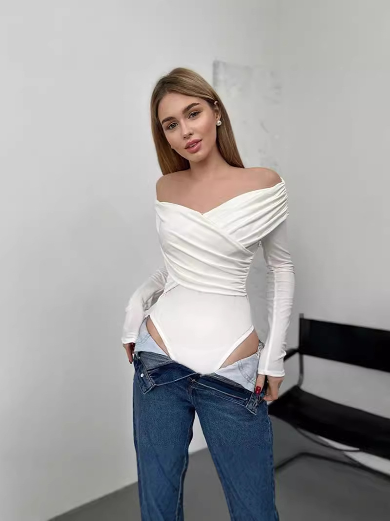 European and American 2024 Spring and Autumn New Elegant Fashion Sexy V-Neck Shoulder Stitching Long-Sleeved Slim-Fit All-Match All-Match All-Body Clothes
