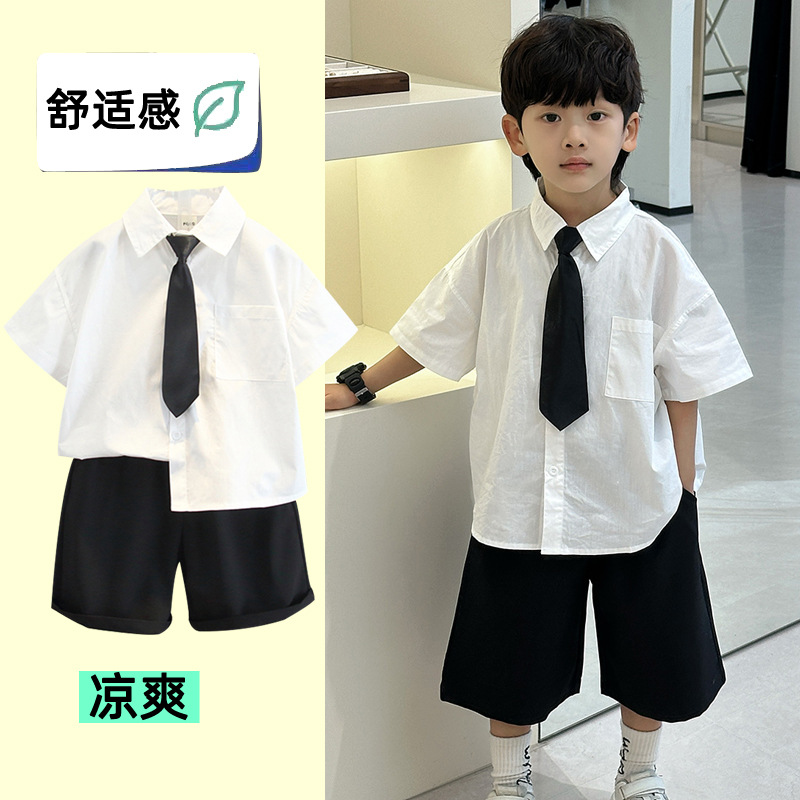 8111 Boys Short Sleeve Shirt Kindergarten Two-Piece Set Children's White Shirt Tie College Style Brother and Sister Outfit Summer