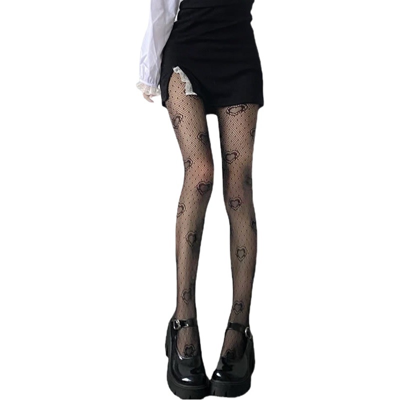 Diablo Personality Love Pattern Fishnet Stockings Japanese jk Hot Girls Black Silk European and American Internet Popular Sexy Slim Thin Pantyhose Thin