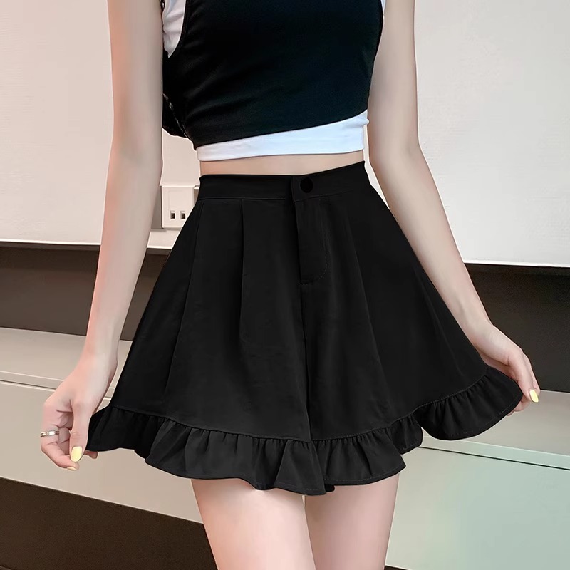 Suit Shorts Women's Black Summer Thin Casual Loose Wide Leg Casual A- line High Waist Ruffled Pants Hot Pants