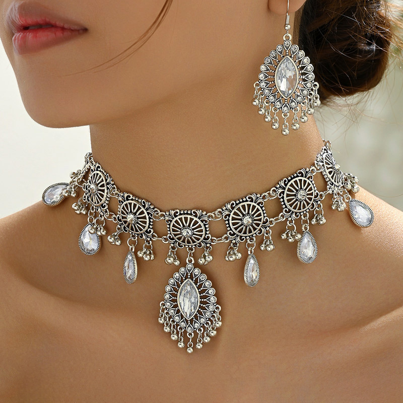 Ins Style Vintage Fashion Hollow Bohemian Style Two suit European and American Cross-border Ethnic Style Gem Necklace Earrings