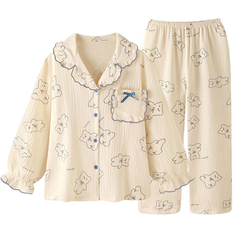 Live Pajamas Women's Spring and Autumn Cyber Celebrant Lace Long Sleeve Pants Cardigan Sweet Bubble Wrinkle Home Clothes Women's Two-Piece Set