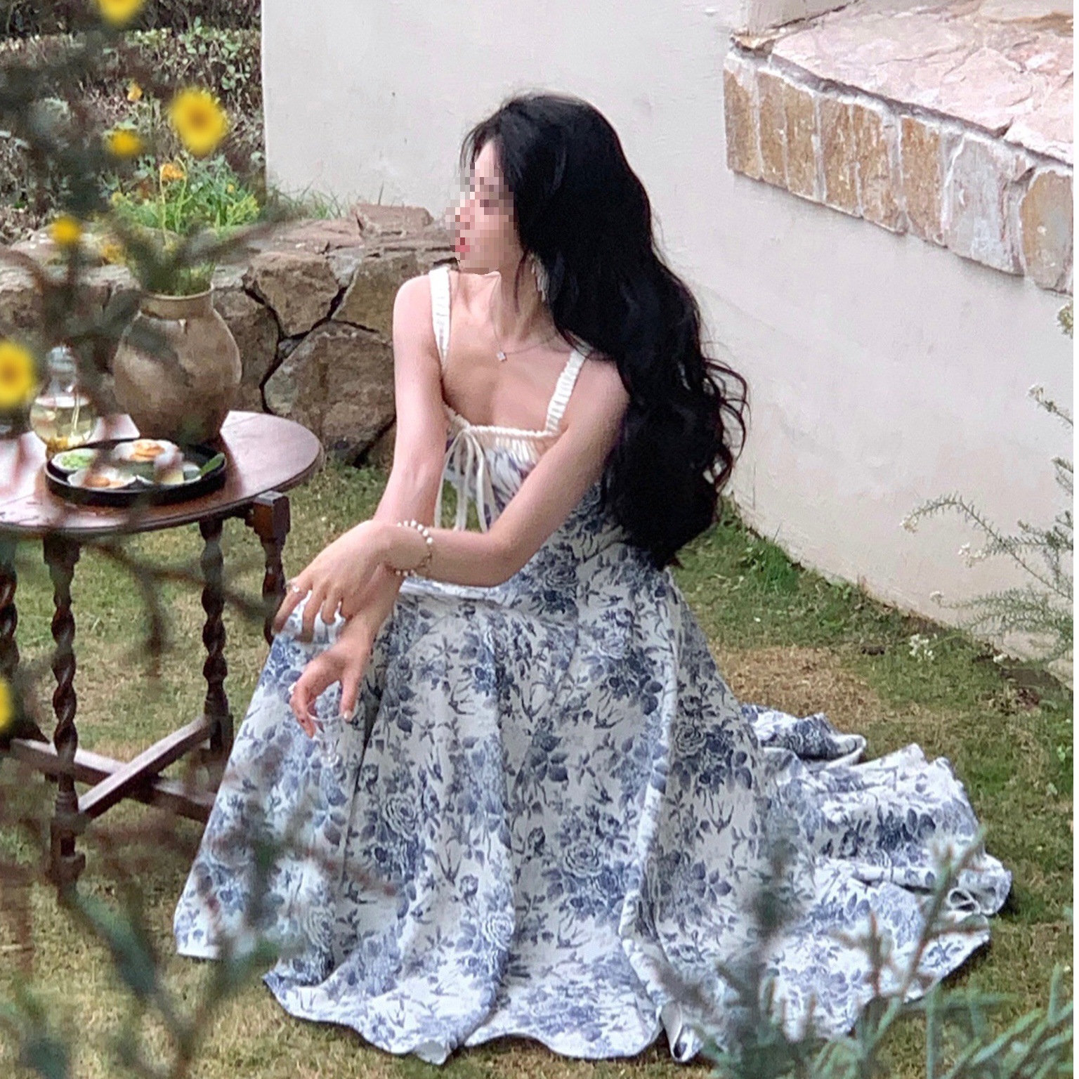 Light Mature Style dress Summer 2025 Design Blue Floral Skirt Holiday Style Travel Street Long Skirt