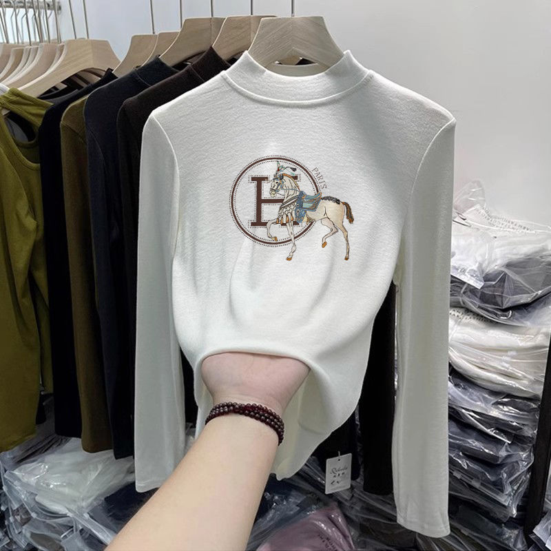 All-match Western-style 2024 New Autumn and Winter Base Shirt Women's Half-high Collar Cartoon Printed Long-sleeved T-shirt Top
