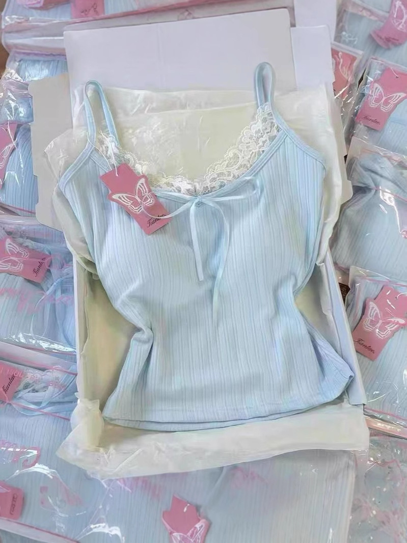 Lace Summer Pure Desire Stitching Bow New Slim-fit Lace-up Design Camisole Base Top