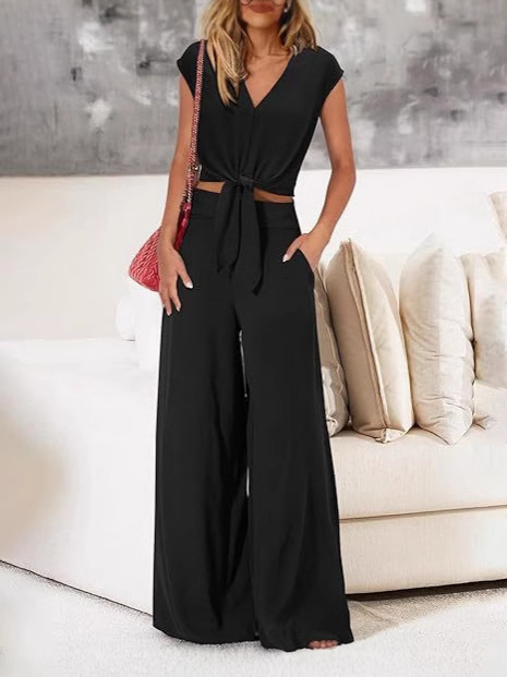 Women's Summer 2-piece suit 2025 V Collar Belt Cropped Top Wide Leg Pants suit Casual Sportswear