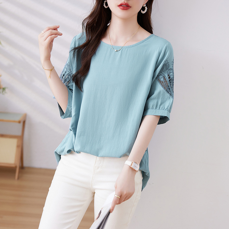 Real Shot in stock Tencel Short-sleeved Shirt Women's Summer European-style Loose Western-style Chic Small Shirt plus size chubby girl Belly-covering Top