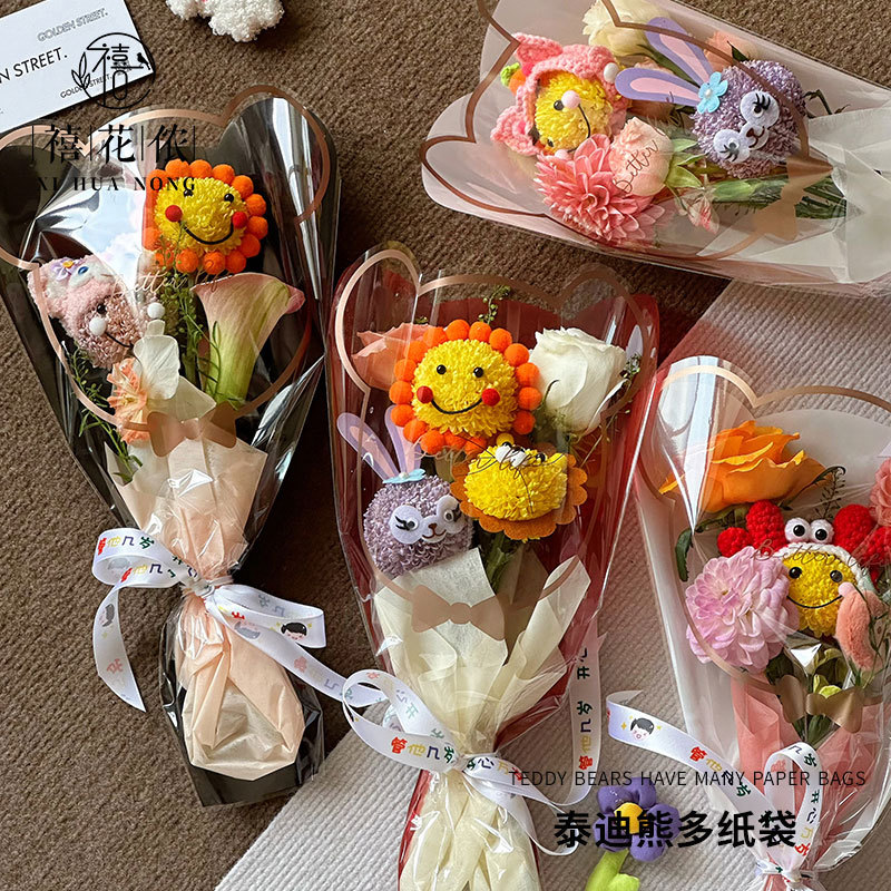 Jubilee Flower Teddy Bear Multi-Bag Flower Wrapping Paper Plastic Waterproof Cartoon Cute DIY Handmade Material Wholesale