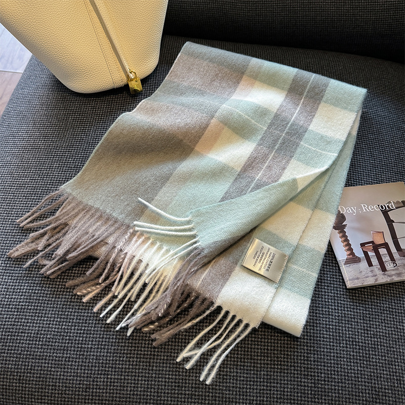 2024 New Wool Warm Scarf Women's Autumn and Winter Color-block Plaid Neck Long Tassel Scarf Thickened Warm