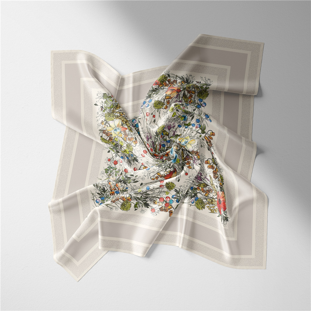 Picture of New 53cm Fashion Small Square Scarf Taiwan Version Printed Twill Satin Machine Fine Rolled Edge Women's Scarf Headscarf Wholesale