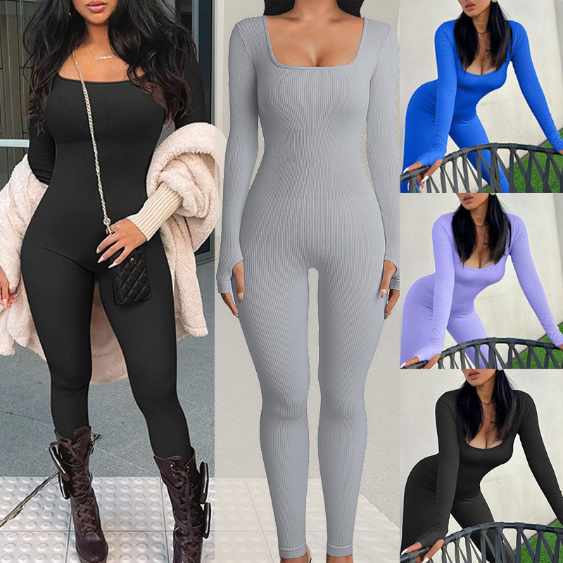 Picture of Amazon European and American Foreign Trade Women's Jumpsuit Autumn and Winter New Thread Square Collar Hip Slim Fit Sexy Jumpsuit