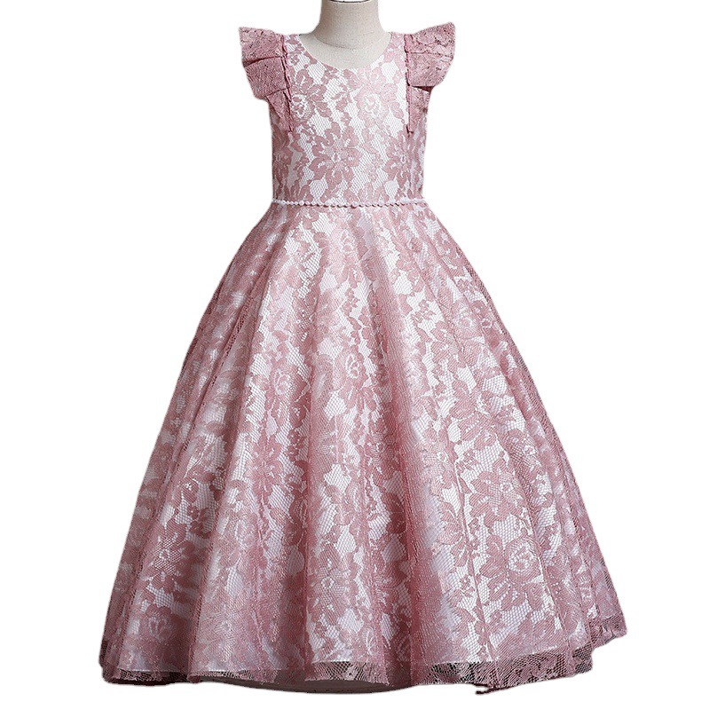 New European and American Children's Cross-Border Girls' Dress Long Short-Sleeved Flower Girl Wedding Princess Dress Children's Clothing Wholesale in Stock