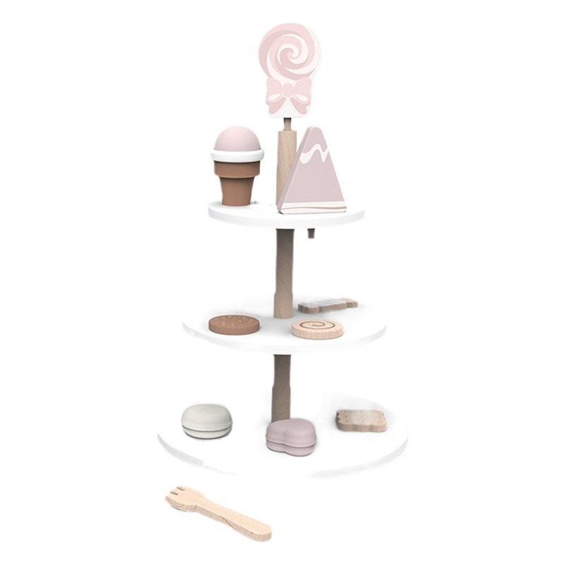 Wooden Simulation Afternoon Tea Three-layer Dessert Play House Toy Children's Role-playing Teacup Teapot Kitchen Set