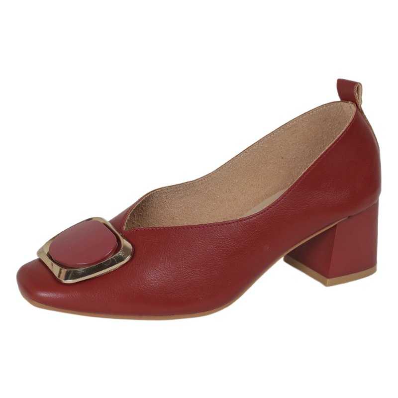 Evening style lady single-layer shoes women's shoes 2023 new popular retro commuter soft leather square toe mid-high heel grandma shoes